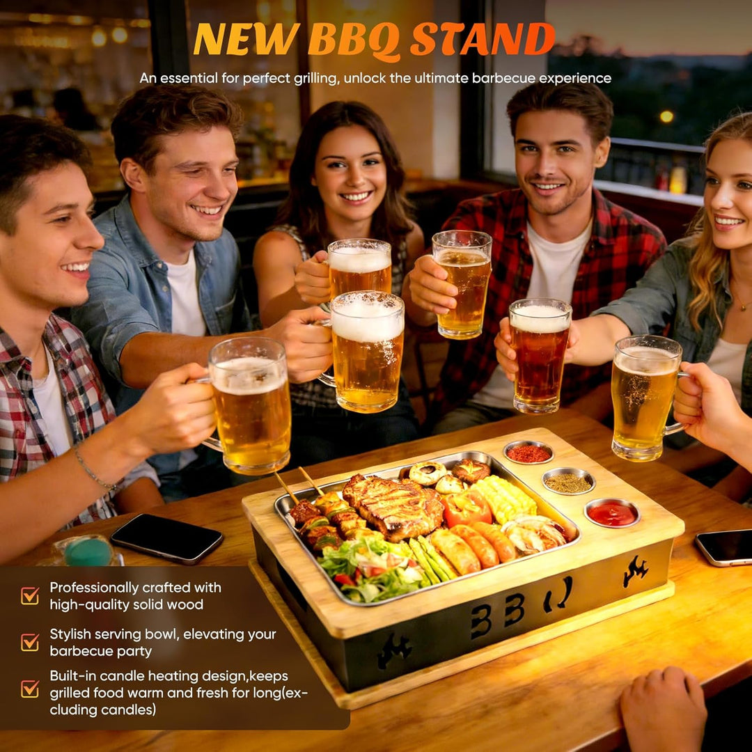 Warmhalteplatte Grillgut, Holz Speisenwärmer mit 304 Edelstahl Grillplatte und Dip-Schale, BBQ Fleis
