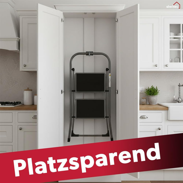 siwitec Klapptritt aus Stahl mit 2 Stufen, anthrazit, kleine Leiter mit Anti-Rutschmatten, 150 kg Tr