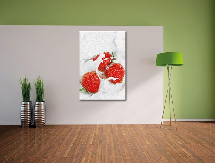 Pixxprint leckere Erdbeeren Schwimmen in Milch als Leinwandbild/Grösse: 120x80 cm/Wandbild/Kunstdruc