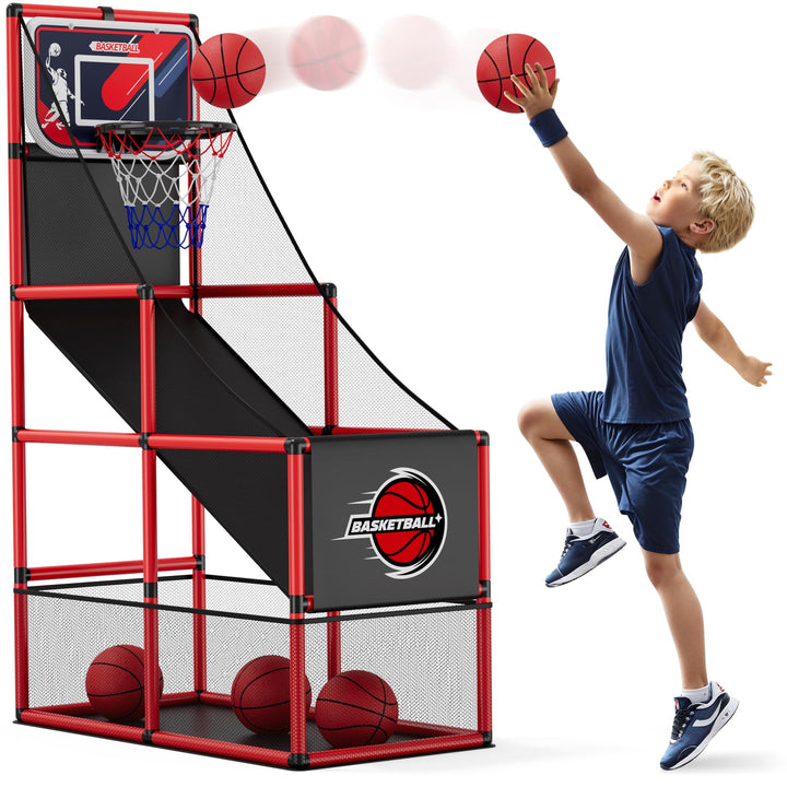 HYES Basketball Arcade Spiel, Kinder Basketballständer mit 4 Bällen, Single Shot Basketballkorb Indo