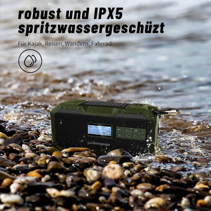 Libovgogo DF-587D Tragbares DAB+ UKW Radio mit wasserdichtem Bluetooth-Lautsprecher, Kurbelradio mit