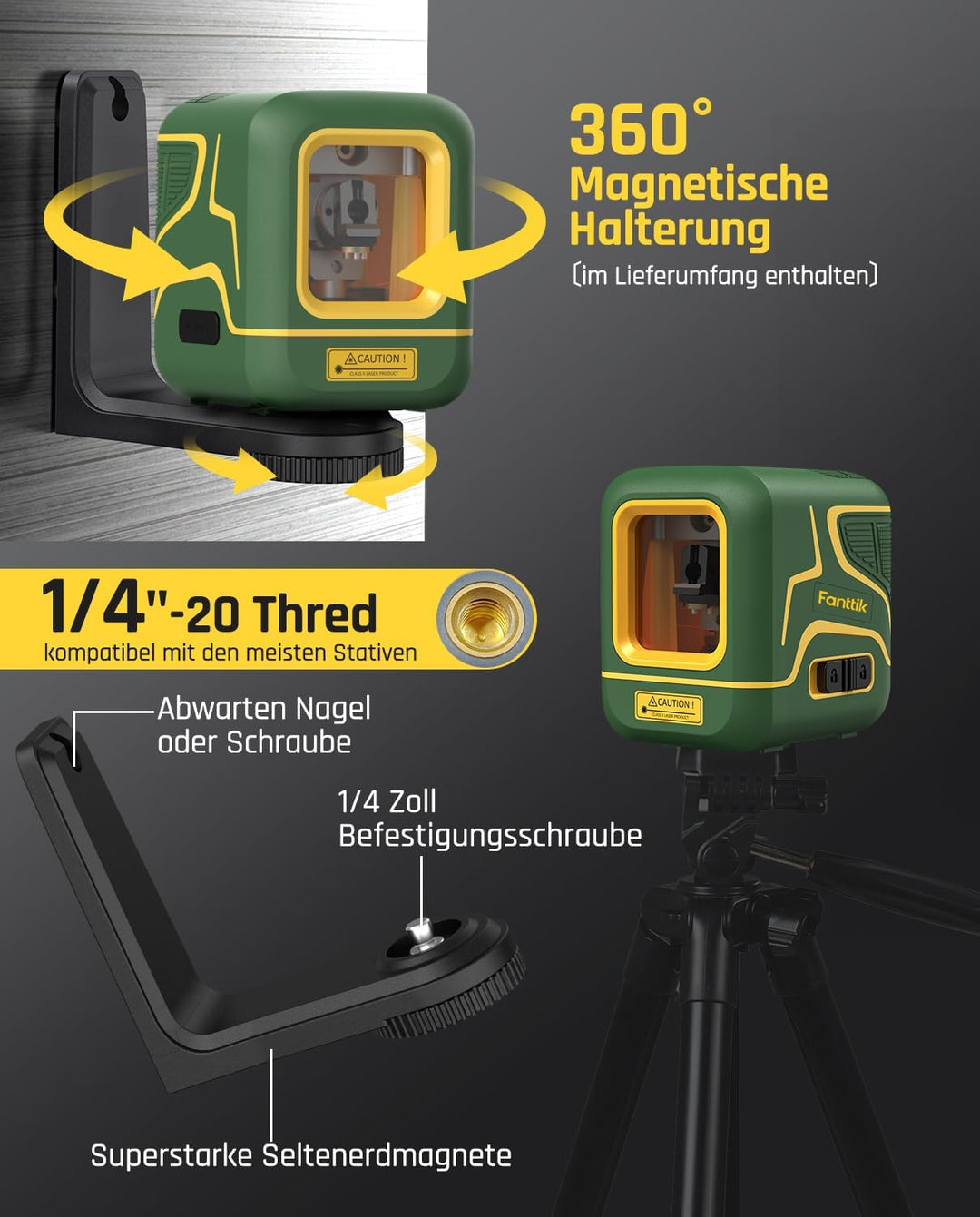 Fanttik D2 Kreuzlinienlaser Selbstnivellierend, Linienlaser Grün 30m, Wiederaufladbare Batterie, USB