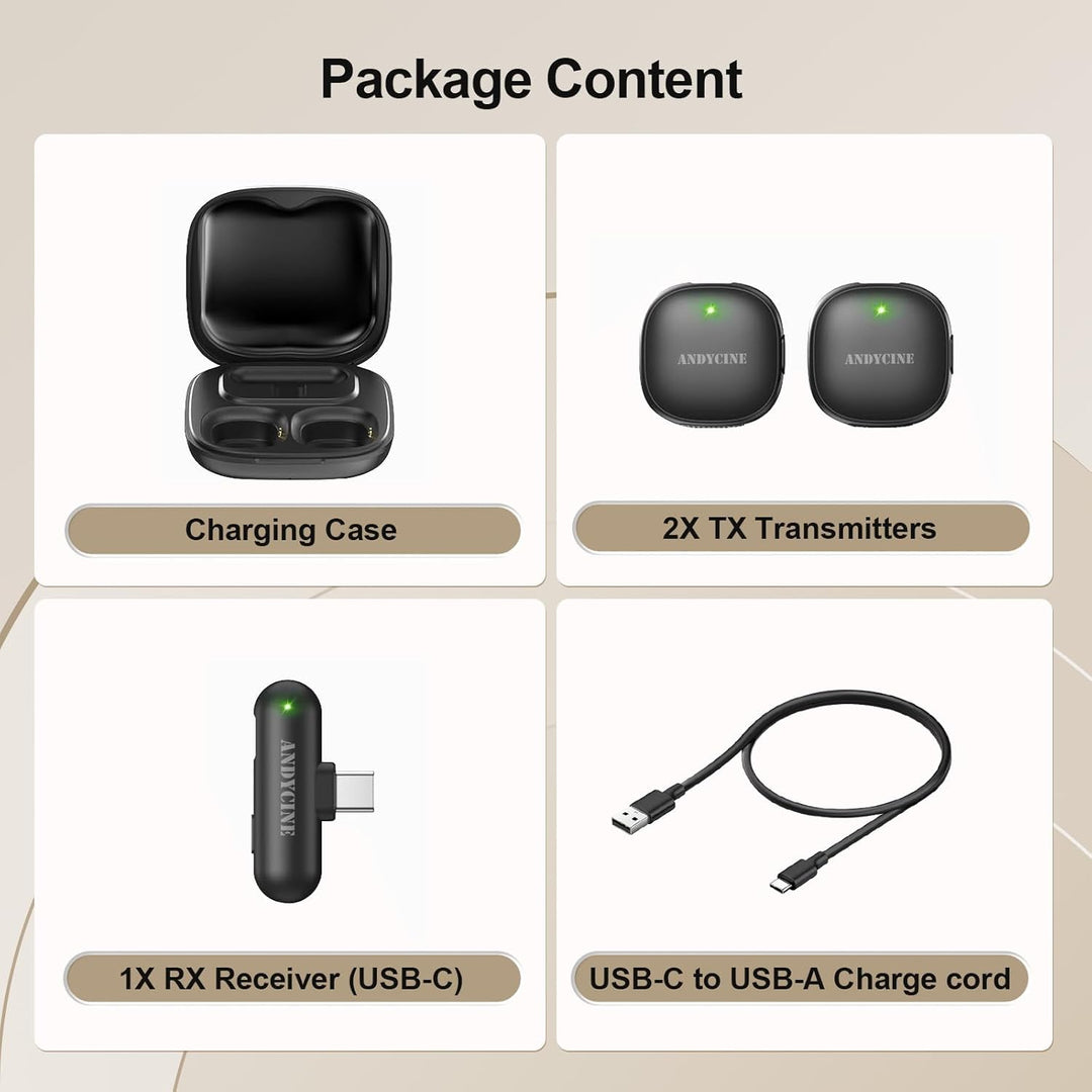 ANDYCINE MC, kabelloses Mikrofonsystem, Doppelsender, Geräuschunterdrückung AI, USB-C, 48 kHz/24-bit