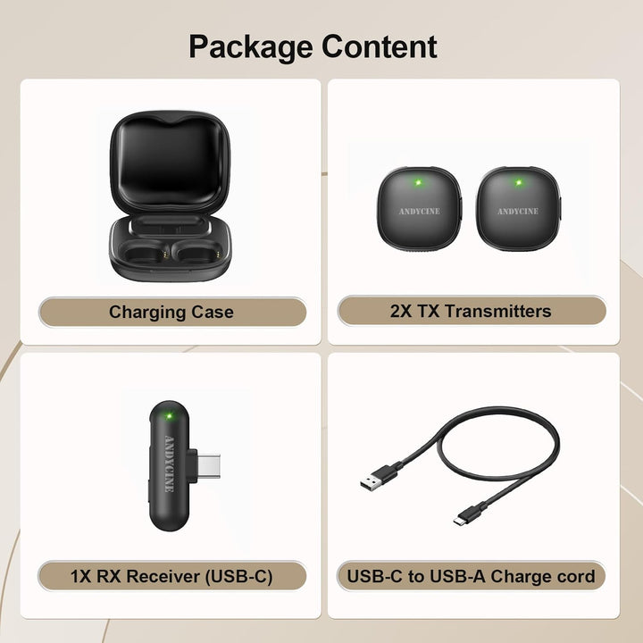 ANDYCINE MC, kabelloses Mikrofonsystem, Doppelsender, Geräuschunterdrückung AI, USB-C, 48 kHz/24-bit