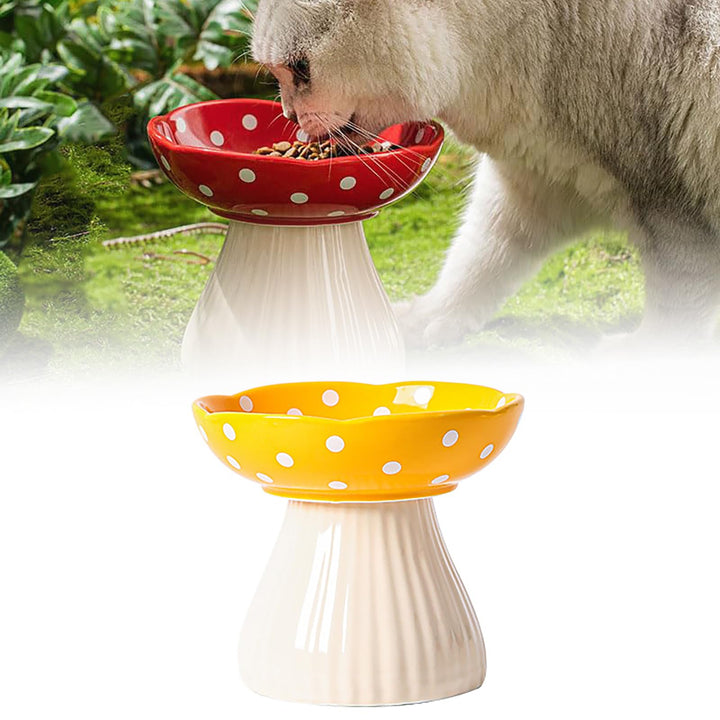 Erhöhter Katzenfutternapf aus Keramik, süsser Pilz, Futternapf für Futter und Wasser, gross und flac