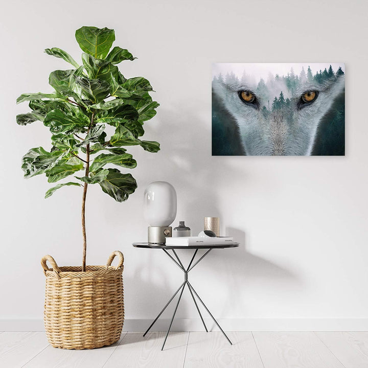 Feeby Vlies Leinwandbild Nebel Wald 80x60 cm Wand Bild Kunstdruck Deko Wohnzimmer Wohnungs Deko Wolf