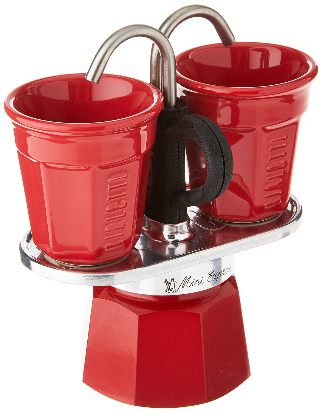 Bialetti Mini Express Color, Set Caffettiera 2 Tazze + 2 Bicchierini, Alluminio, Rosso Rot New Colle