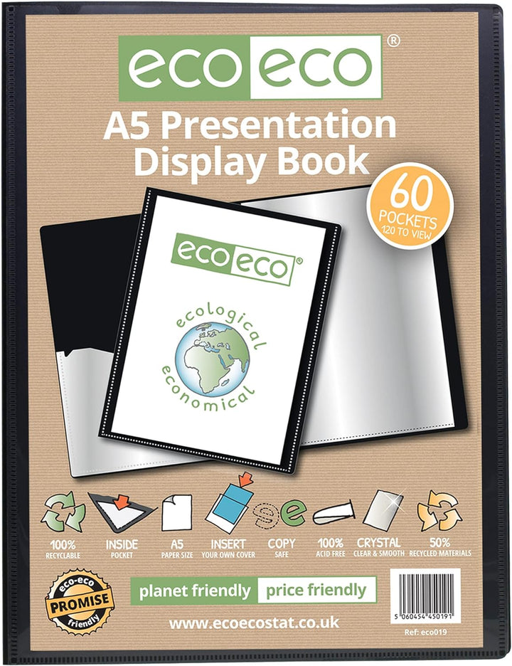 eco-eco A5 50% Recycelt 60 Taschen-Schwarz-Farbe Päsentationsdisplay Book (Packung mit 12) 60 Pocket