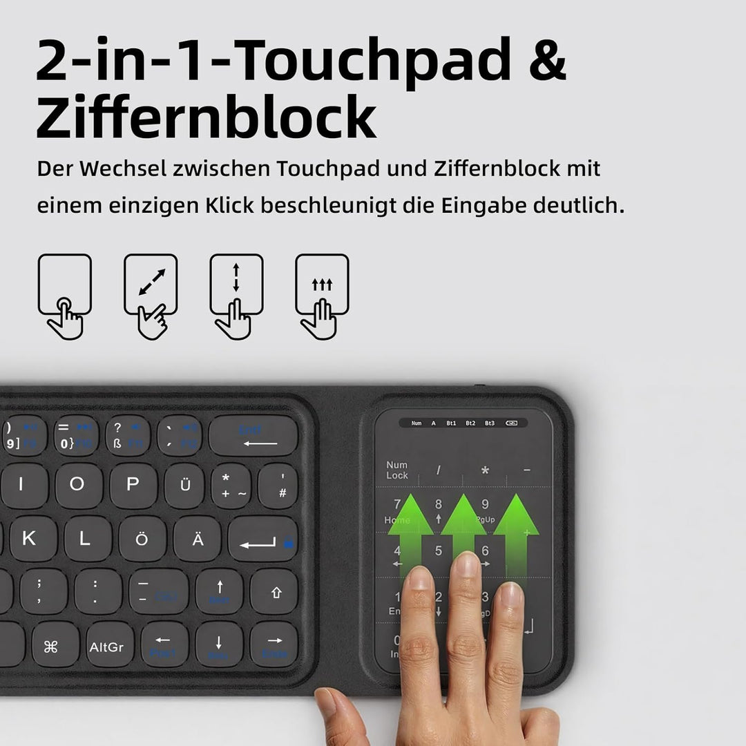 Bettdow Bluetooth Faltbare Tastatur mit Touchpad, QWERTZ Layout Kabellose Tragbare Mini Tastatur mit