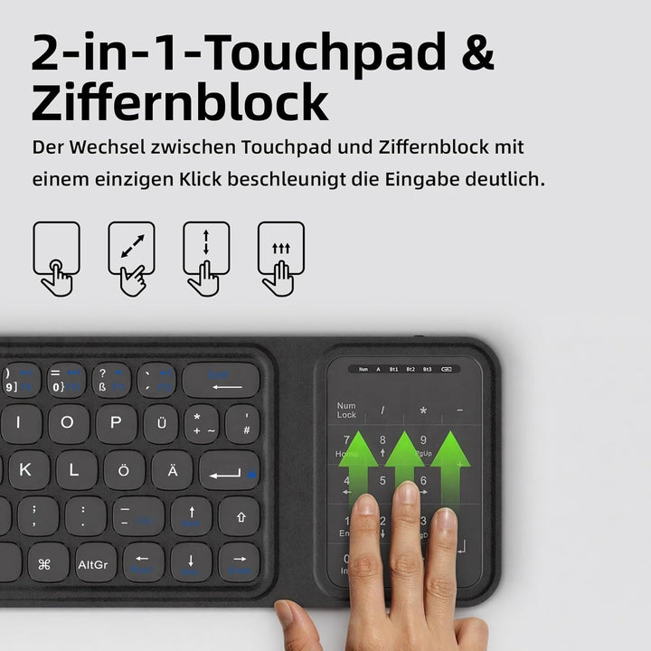 Bettdow Bluetooth Faltbare Tastatur mit Touchpad, QWERTZ Layout Kabellose Tragbare Mini Tastatur mit