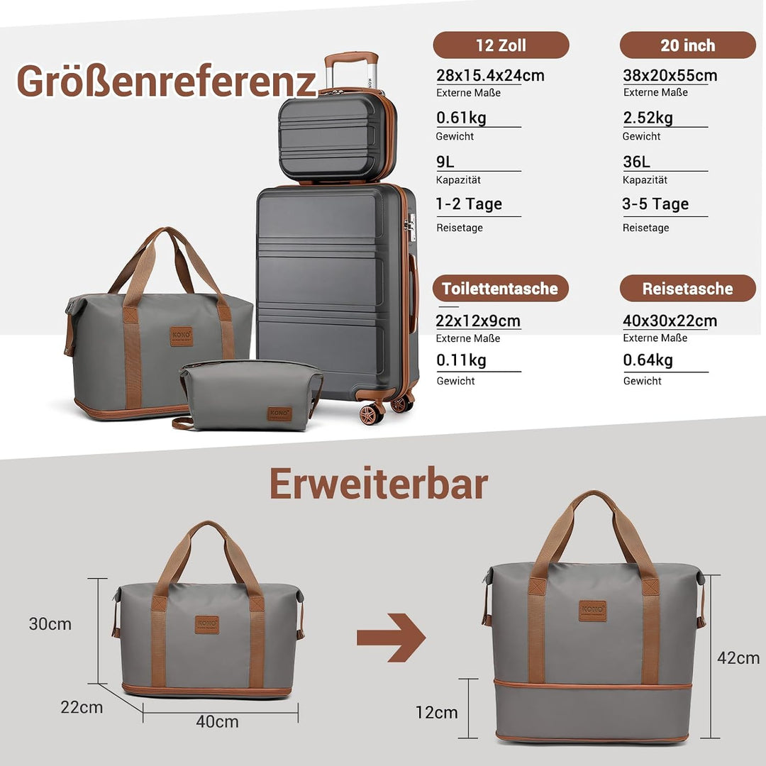 KONO Reisekoffer Set Gepäcksets 4 Teilig Kofferset, 55cm Handgepäck mit Beautycase Kosmetikkoffe mit