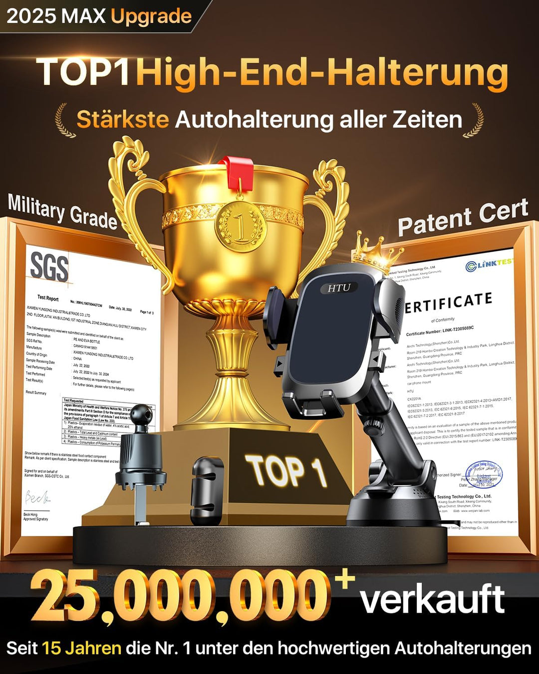 HTU 2026 Verbesserte 4-in-1 Handyhalterung Auto mit 36KG Starker Saugnapf & Lüftungshaken, Super Sta
