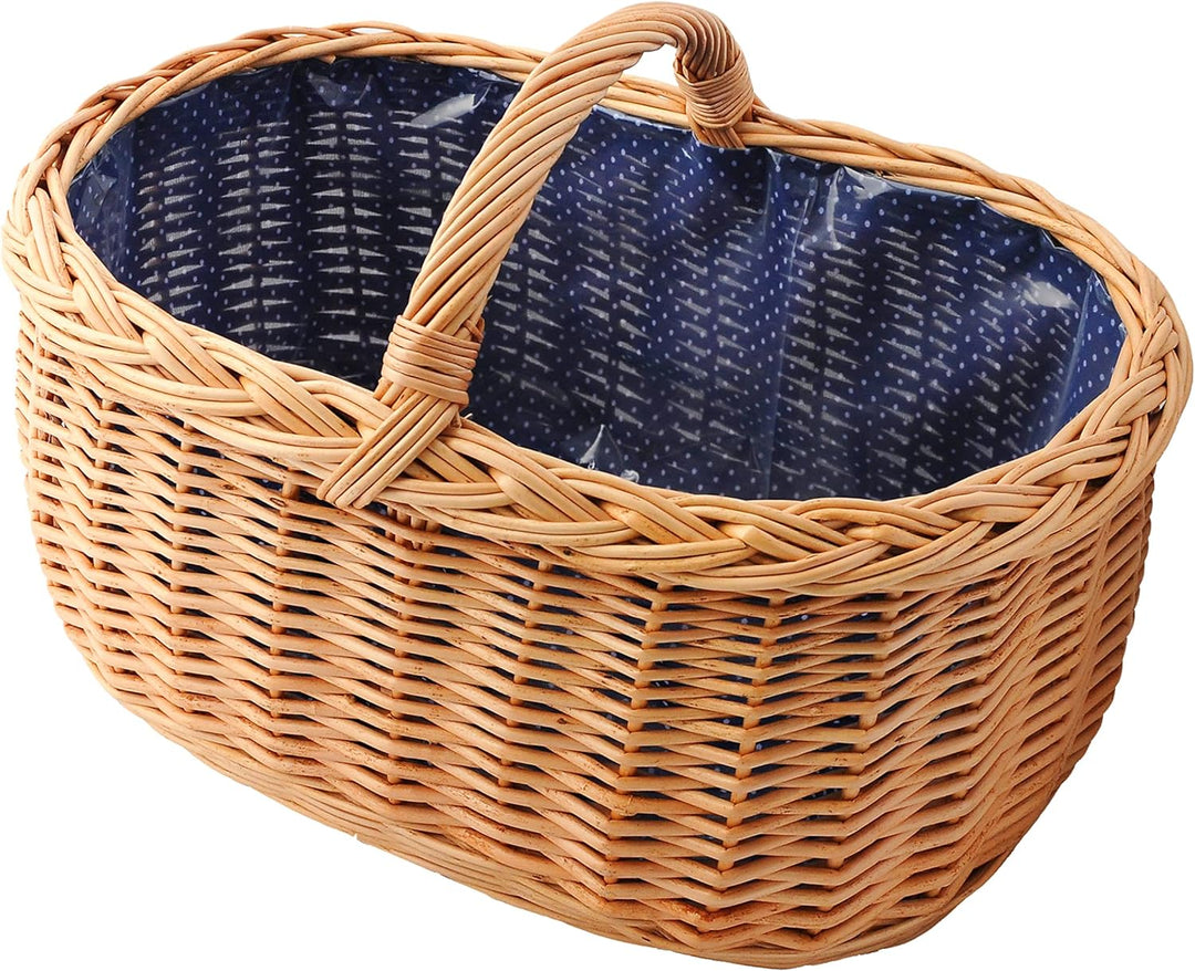 Grosser Einkaufskorb/Autokorb aus Weide mit Henkel und Stoffeinlage (blau mit weissen Punkten) | mit