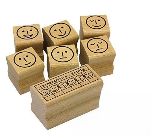 Elbi Stempelset: Smiley Gesamtset: 6 Smileys und 1 Erfolgsstempel Lehrerstempel aus Holz - S90