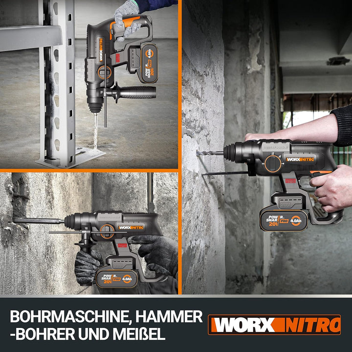 WORX NITRO WX381 Akku Bohrhammer 20V- bürstenloser Motor - multifunktionales Werkzeug zum Bohren, Ha