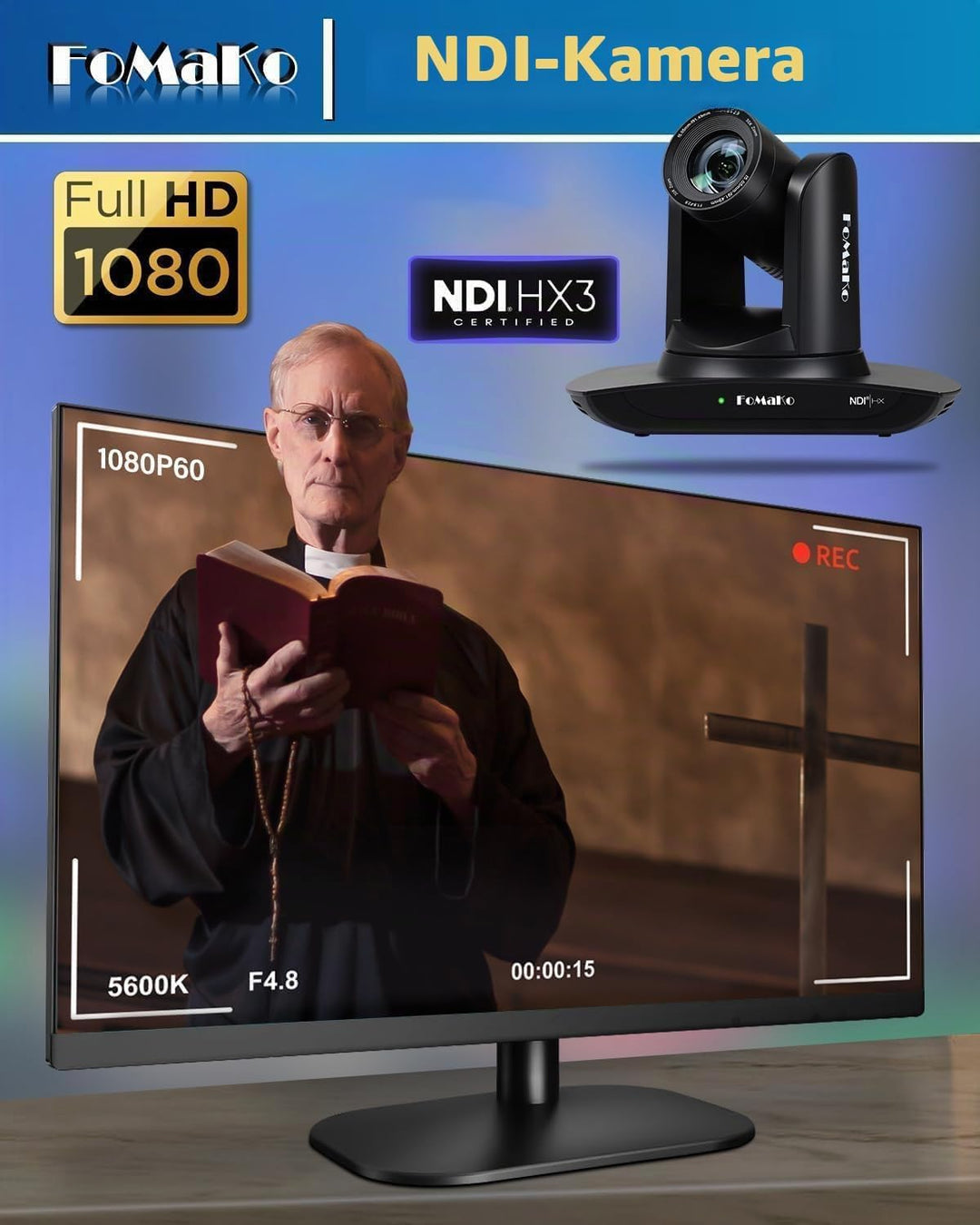 FoMaKo NDI HX3 PTZ Kamera KI-Auto-Tracking 20x Optischer Zoom mit HDMI/USB3.0/LAN(PoE) für Live-Gott
