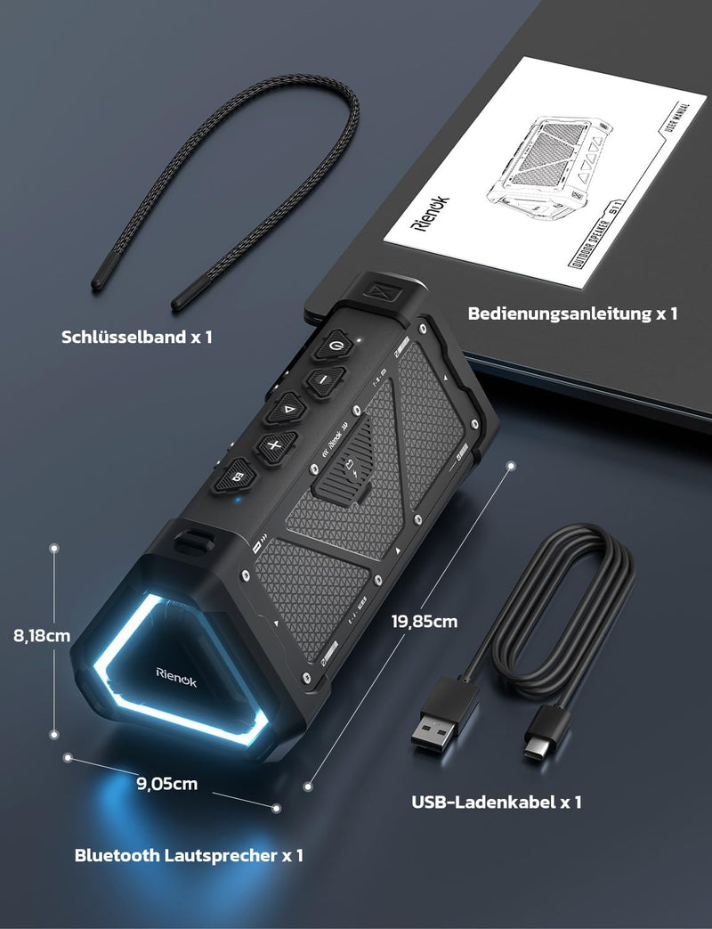 RIENOK S11 Bluetooth Lautsprecher 30W Musikbox mit EQ Modus USB-Audio IPX7 Bluetooth Box 24h Akku Tr