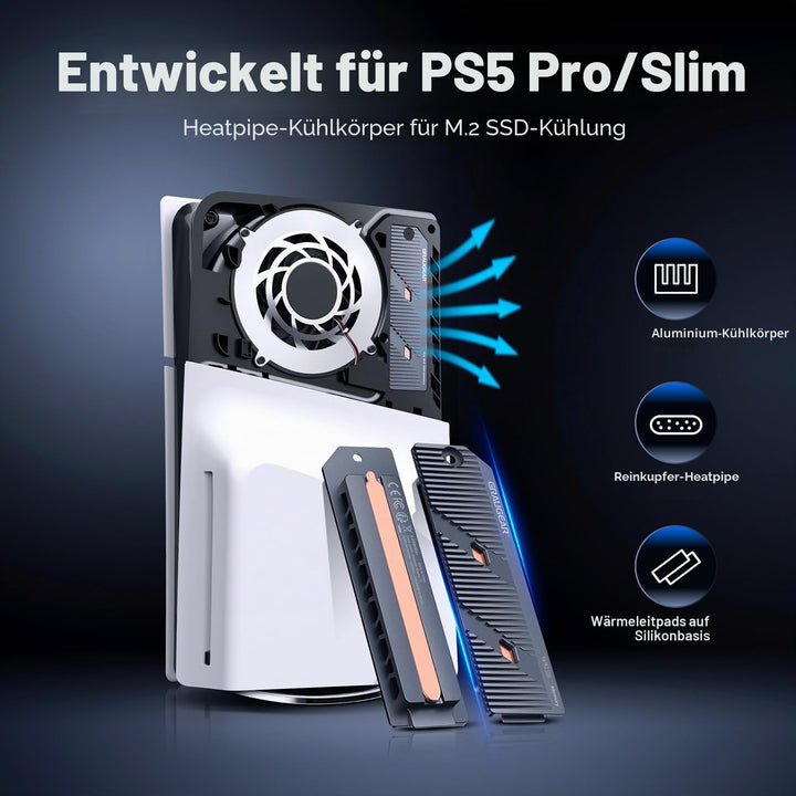 GRAUGEAR PS5 Pro/PS5 Slim M.2 SSD Kühlkörper mit Heatpipe, integriertem Kupfer-Heatpipe und Aluminiu