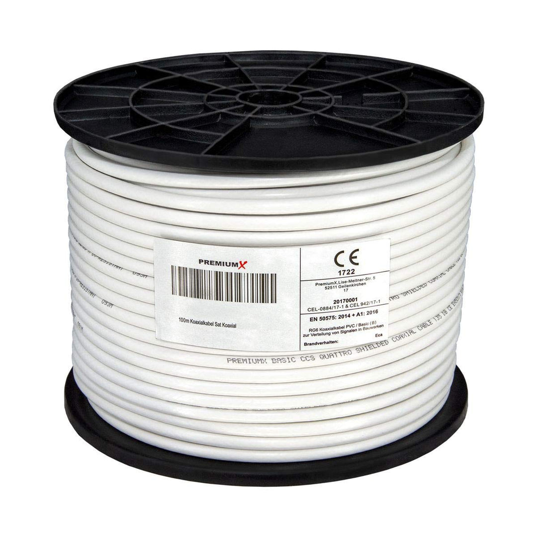 PremiumX 100m Basic Koaxialkabel 135dB 4-Fach geschirmt CCS Kupfer-Stahl Koaxkabel Antennenkabel Dig