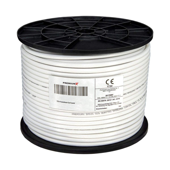PremiumX 100m Basic Koaxialkabel 135dB 4-Fach geschirmt CCS Kupfer-Stahl Koaxkabel Antennenkabel Dig