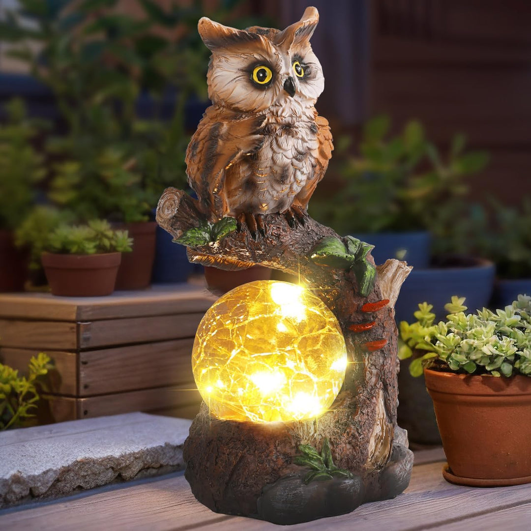 JJALIGHTS Solar-Eulenfigur, Eulen Deko Garten mit Solar Ball wasserdicht für Draussen Balkon Terrass