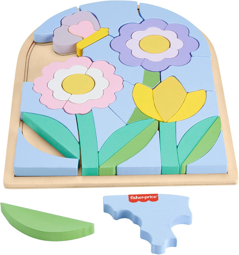 Fisher-Price Spielzeug für Kindergartenkinder Blumengarten Holz-Puzzle mit Stapelblöcken, 37 FSC-zer