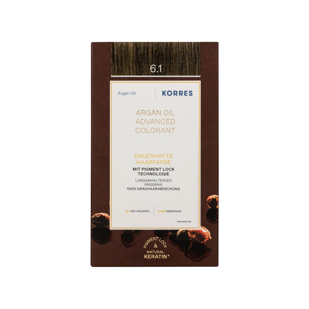 KORRES Argan Oil Colorant – ammoniakfreie Haarfarbe Dunkelblond Asch 6.1 – 100% Grauhaarabdeckung &