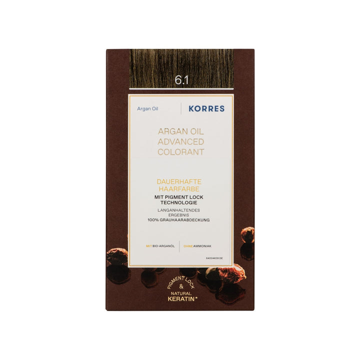 KORRES Argan Oil Colorant – ammoniakfreie Haarfarbe Dunkelblond Asch 6.1 – 100% Grauhaarabdeckung &