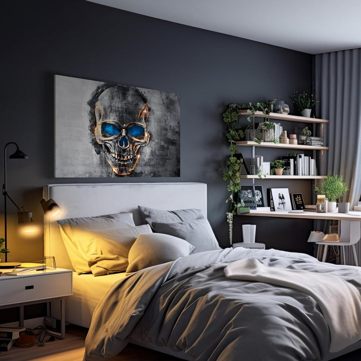 wandmotiv24 Leinwand-Bilder Totenköpfe, Grösse 60x45cm, Querformat, Totenkopf, Gold Kontur, Knochen,