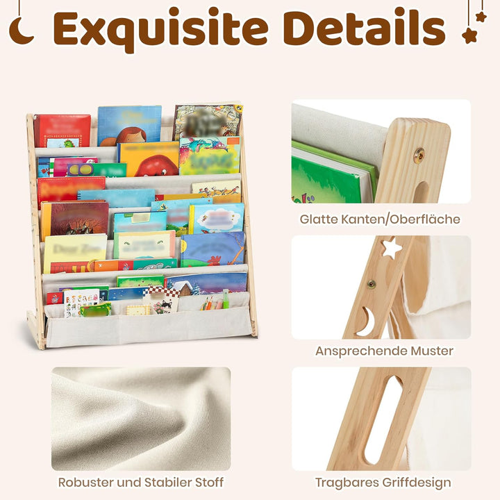 COSYLAND Bücherregal Kinder mit 6 Oxford-Stoff Fächern - Kinderbücherregal aus Naturholz - Bücherreg