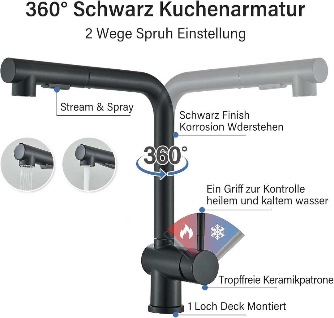 Wasserhahn Küche Schwarz Matt Hochdruck Spültischarmatur Küchenarmatur mit Brause Ausziehbar 360° Sc