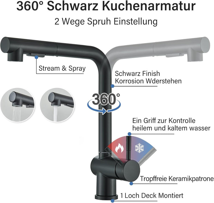 Wasserhahn Küche Schwarz Matt Hochdruck Spültischarmatur Küchenarmatur mit Brause Ausziehbar 360° Sc