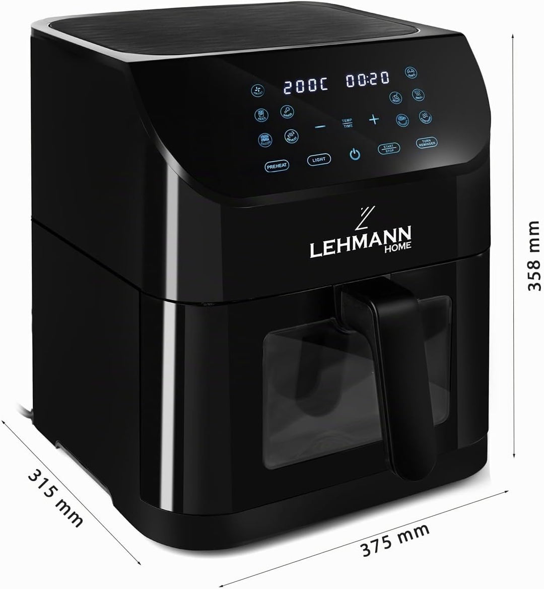 LEHMANN Heissluftfritteuse 8L, Airfryer mit Sichtfenster, Trenneinsatz für 2 Kammern, 12 Programmen,