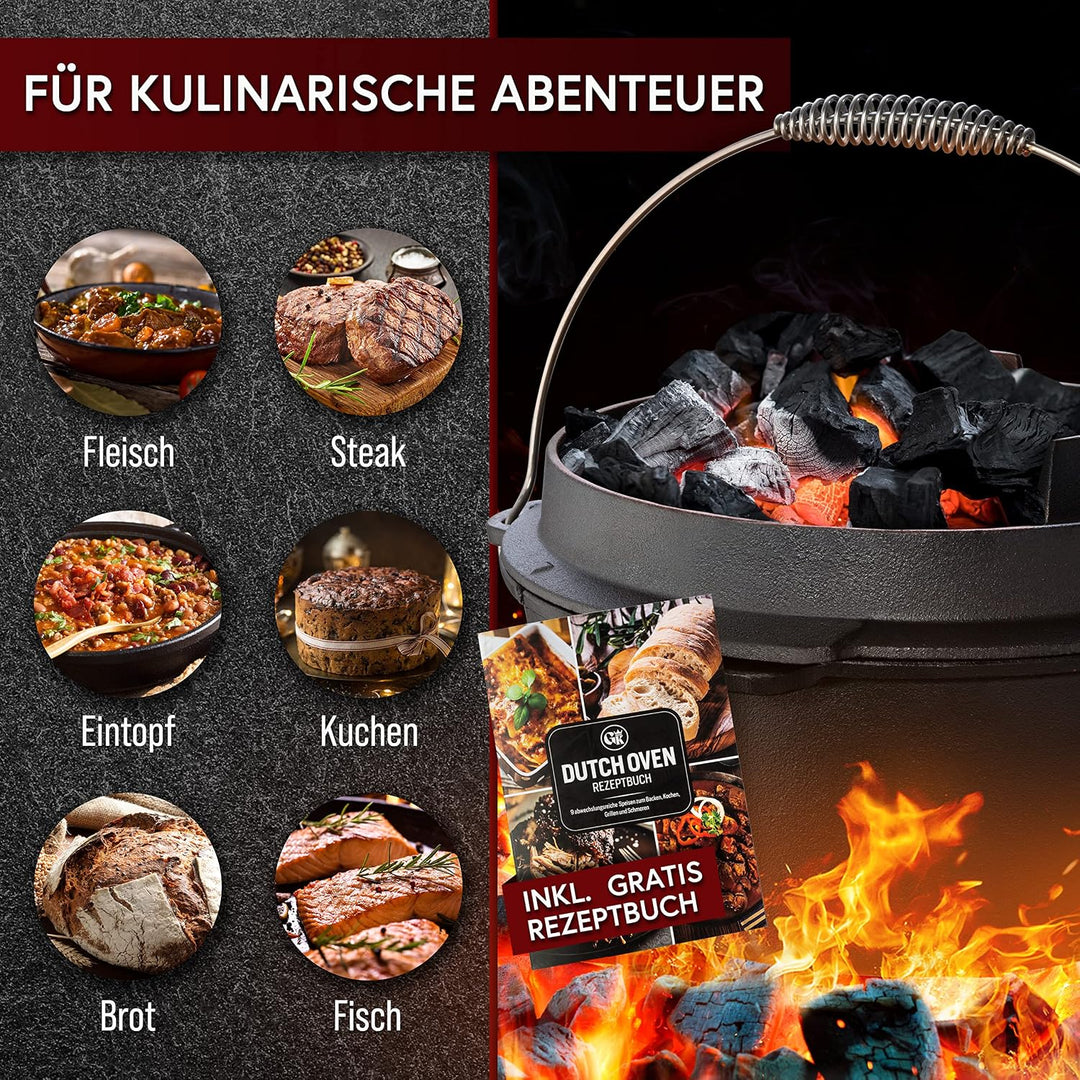 GUSSKÖNIG Dutch Oven Set–Eingebrannter Dutch Oven 7L [3-6 Person]-Feuertopf Gusseisen mit Füsse–Schm