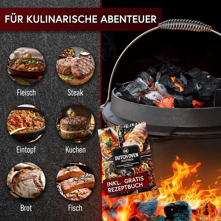 GUSSKÖNIG Dutch Oven Set–Eingebrannter Dutch Oven 7L [3-6 Person]-Feuertopf Gusseisen mit Füsse–Schm