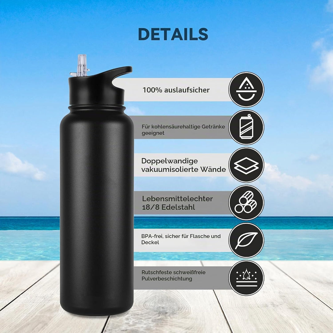 Edelstahl Trinkflasche - 1.2L - mit Strohhalm,Auslaufsicher,Kohlensäure Geeignet,BPA frei Thermosfla