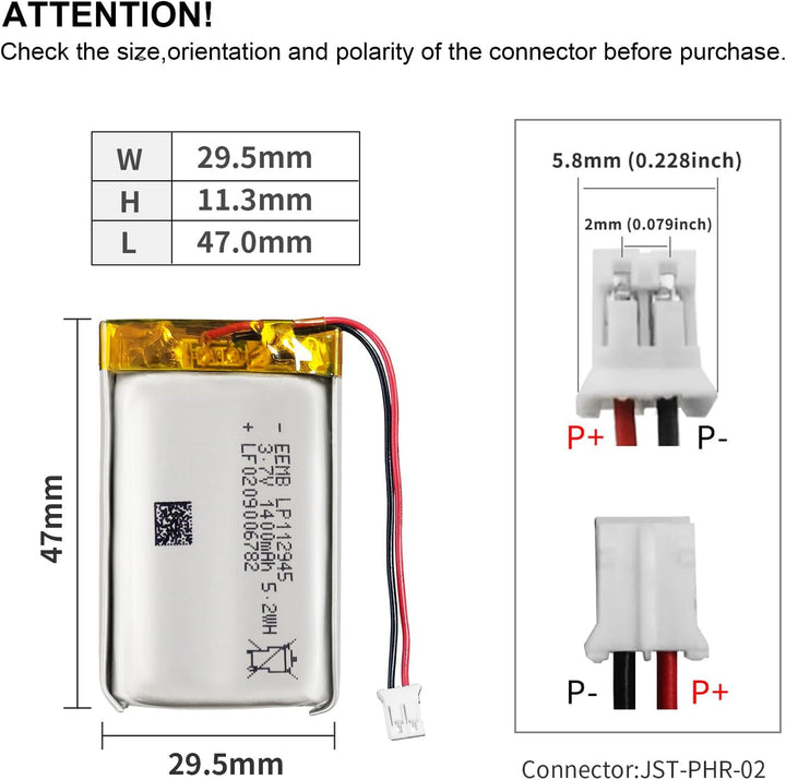 EEMB Lithium Polymer Akku 3,7 V 1400mAh 112945 Wiederaufladbarer Lipo-Akku mit JST-Anschluss für VXI