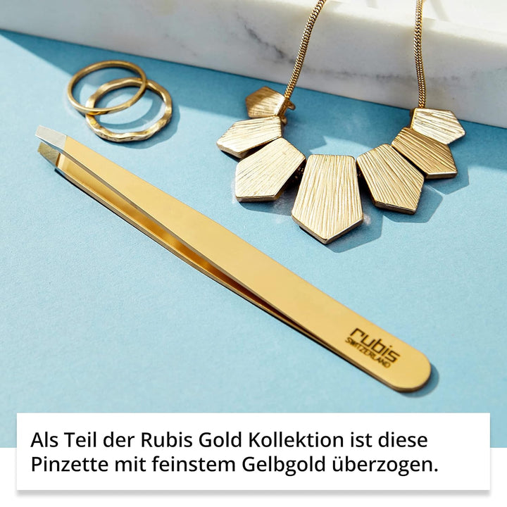 Rubis Pinzette Gold - schräg, fein und spitz - Pinzette zum Augenbrauen zupfen - schräge Spitze zur