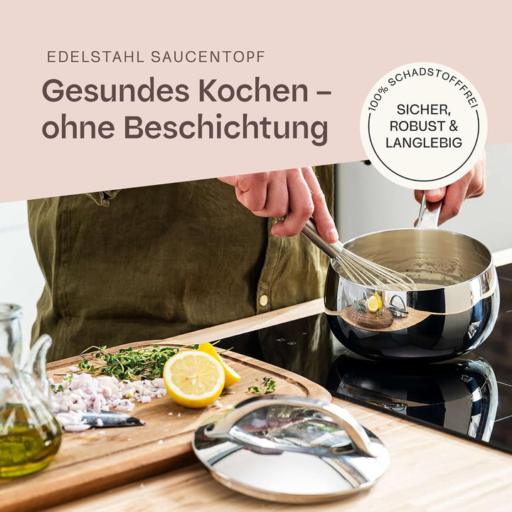BergHOFF Home Kochtopf klein (16cm) – Stielkasserolle - Edelstahl Topf mit Deckel - Kochtopf für all