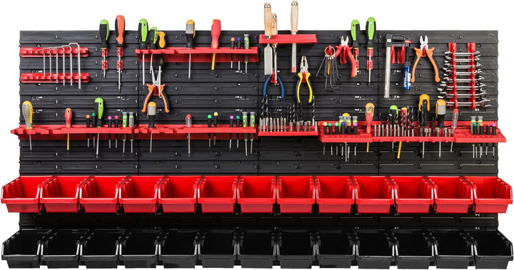 Lagersystem Werkstattregal | 156 x 78 cm | 26 stck. Box | Wandregal mit Werkzeughalterungen und Stap