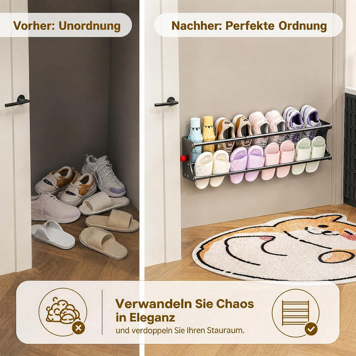 2 Ebenen Schuhregal Wandmontage - Grau Ausziehbares Schuhregal Nagelfrei, 40-75cm Verstellbar und Kl