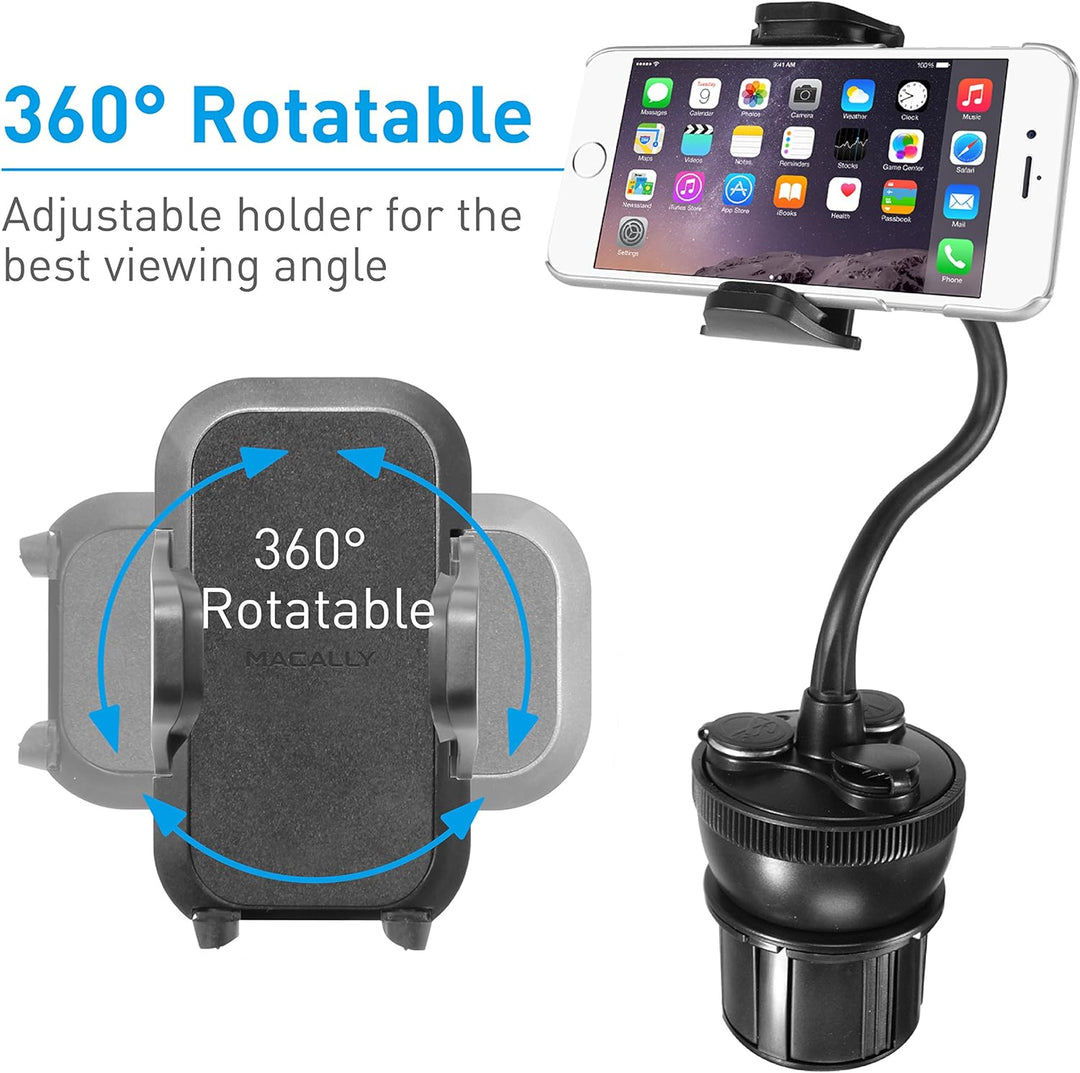 Macally MCUPPOWER 20 cm extralange einstellbare Auto-Halterung für Becherhalter mit 2 USB-Ladegeräte