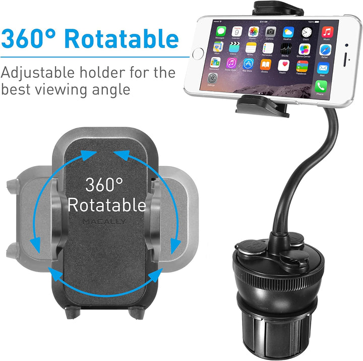 Macally MCUPPOWER 20 cm extralange einstellbare Auto-Halterung für Becherhalter mit 2 USB-Ladegeräte