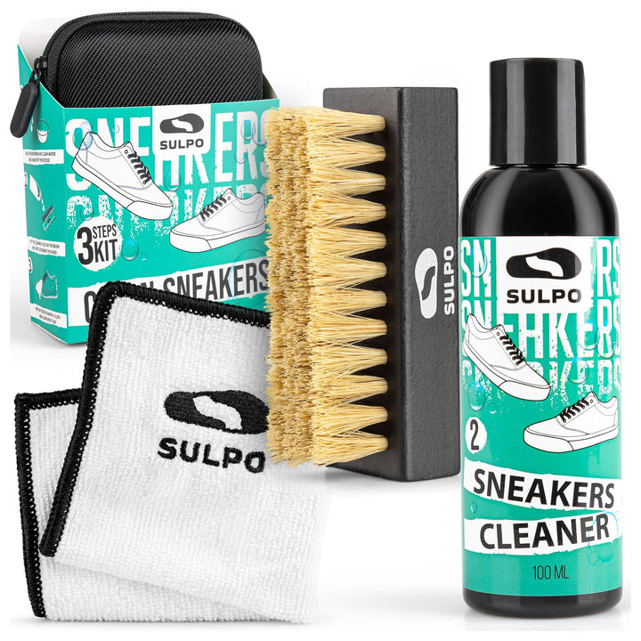 SULPO Sneaker Reinigungsset – pH-Neutrale Schuhputzsets, Bürste & Mikrofasertuch, Schonend für Leder