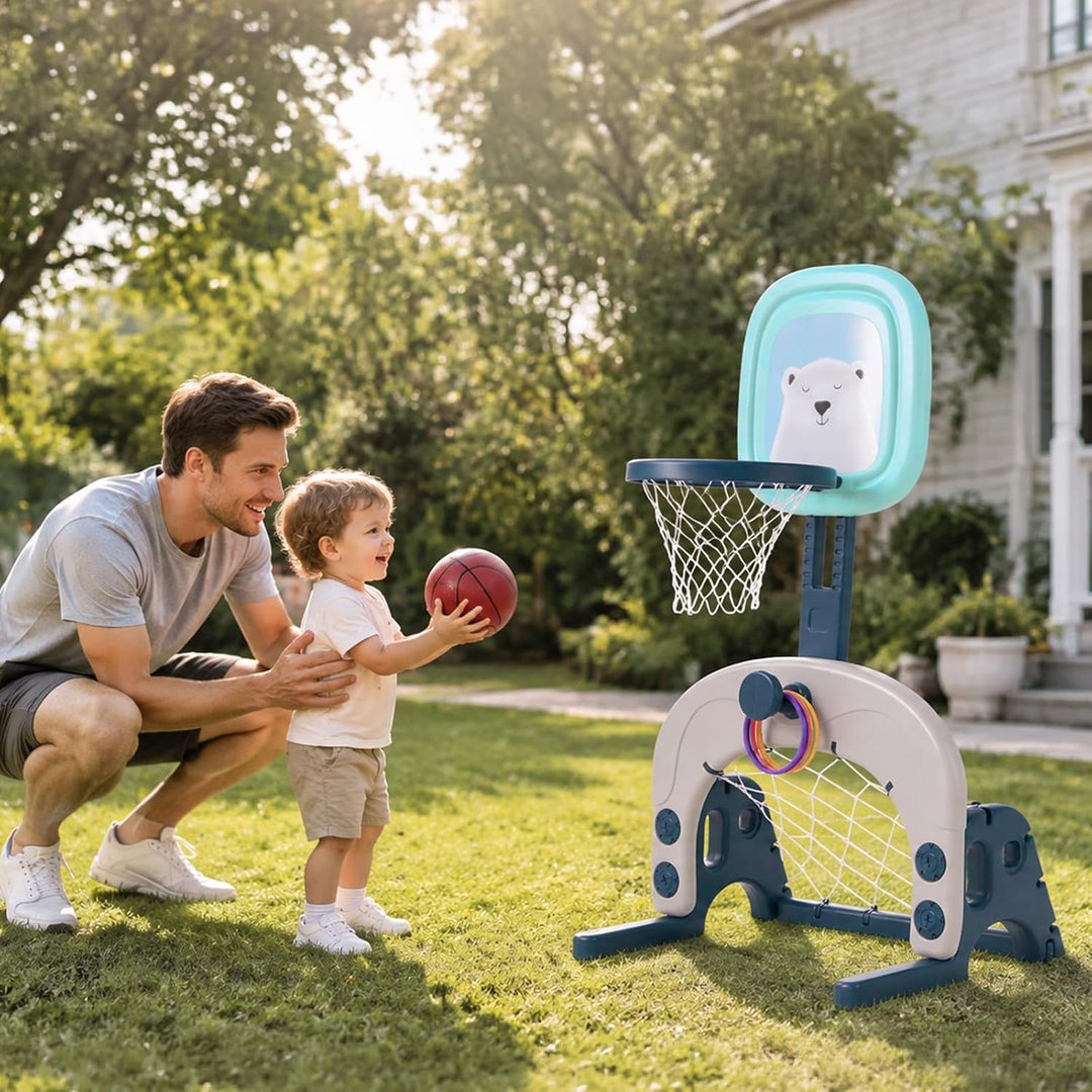 3-in-1 Basketballkorb-Set für Kinder, höhenverstellbares Sportaktivitätscenter mit Basketball, Fussb