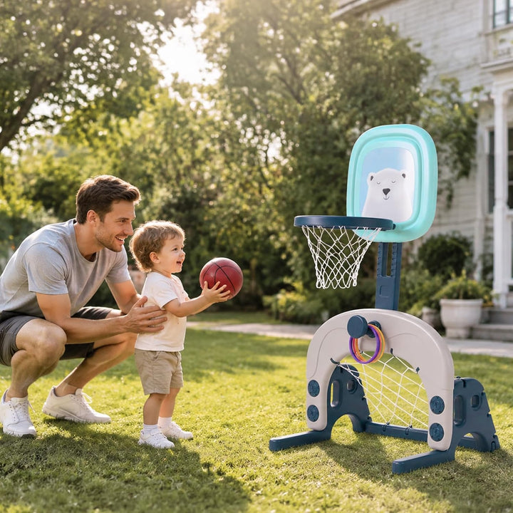 3-in-1 Basketballkorb-Set für Kinder, höhenverstellbares Sportaktivitätscenter mit Basketball, Fussb