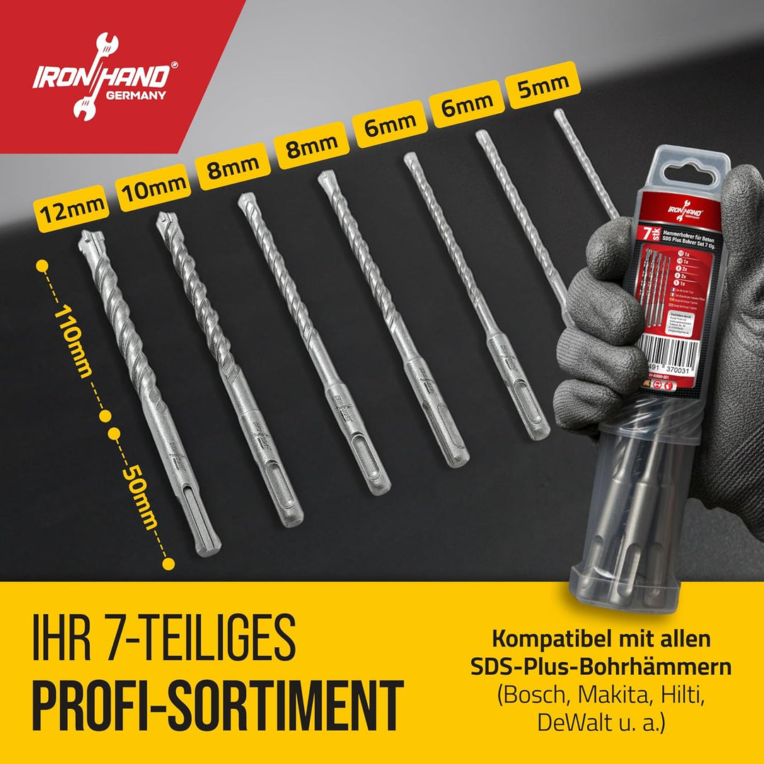 Iron Hand Germany - SDS Plus Bohrer 7er Set - 5mm, 6mm, 6mm, 8mm, 8mm, 10mm, 12mm - Betonbohrer, Ham