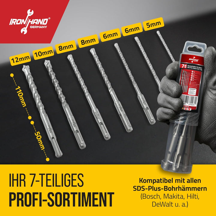 Iron Hand Germany - SDS Plus Bohrer 7er Set - 5mm, 6mm, 6mm, 8mm, 8mm, 10mm, 12mm - Betonbohrer, Ham