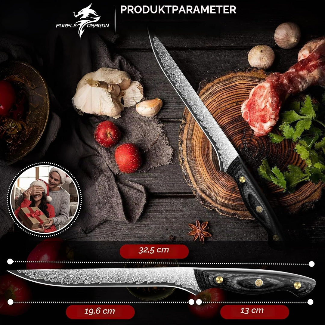 Purple Dragon Damast Ausbeinmesser 20cm - Messer zum Entfetten von Brisket - Metzgerkernmesser mit V