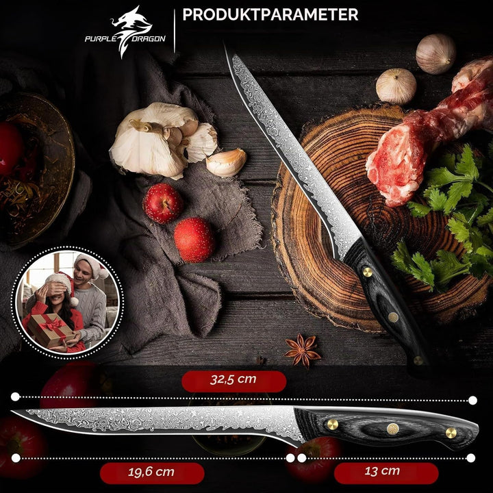 Purple Dragon Damast Ausbeinmesser 20cm - Messer zum Entfetten von Brisket - Metzgerkernmesser mit V